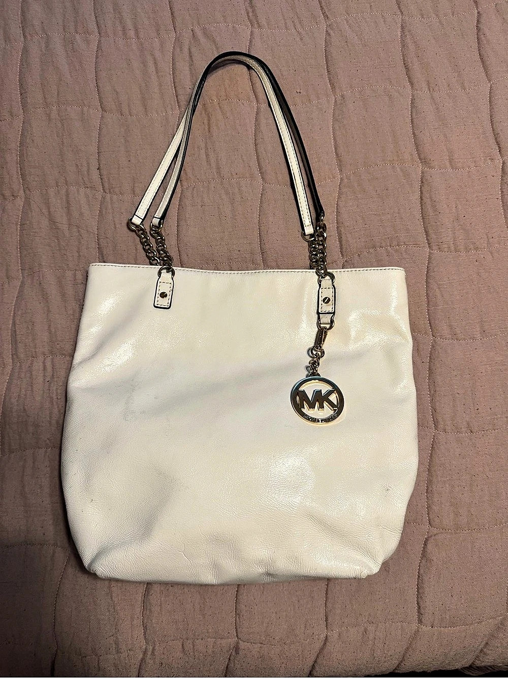 Michael Kors Newbury Pebbled Leather Chain Tote Bag in White